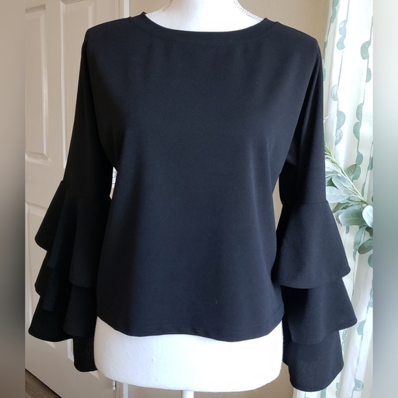 SHEIN BELL SLEEVE BLOUSE SZ M BLACK - Picture 2 of 7